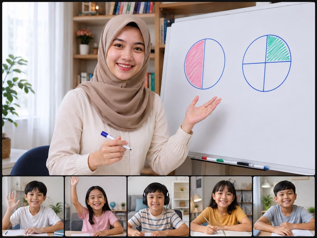Suasana kelas live Edunesia — tutor menerangkan pecahan di papan tulis, lima murid mengikuti dari rumah lewat video call