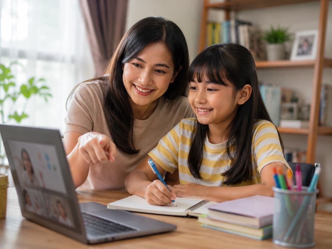 Anak belajar online dari rumah didampingi Bunda — mengikuti kelas live Edunesia lewat laptop